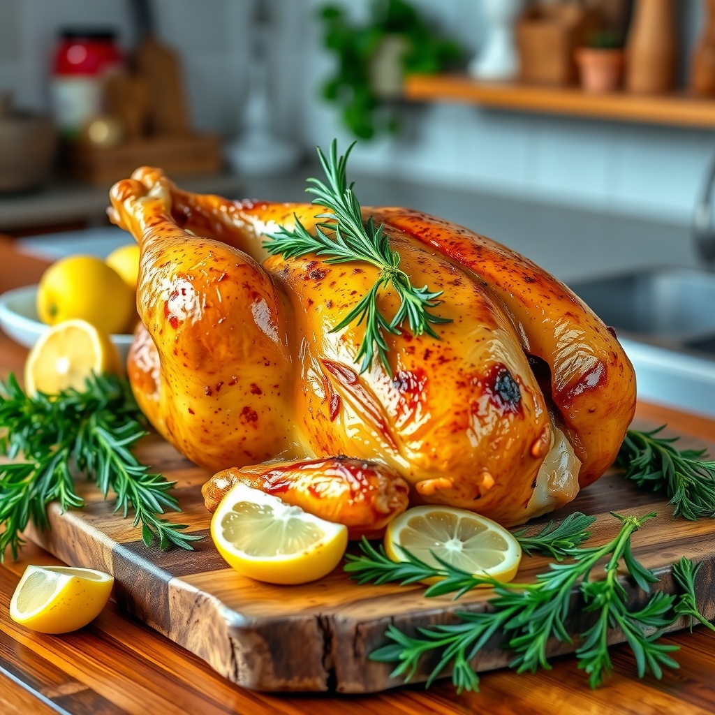 Golden brown roasted chicken with herbs and lemon, surrounded by fresh ingredients on a wooden cutting board.